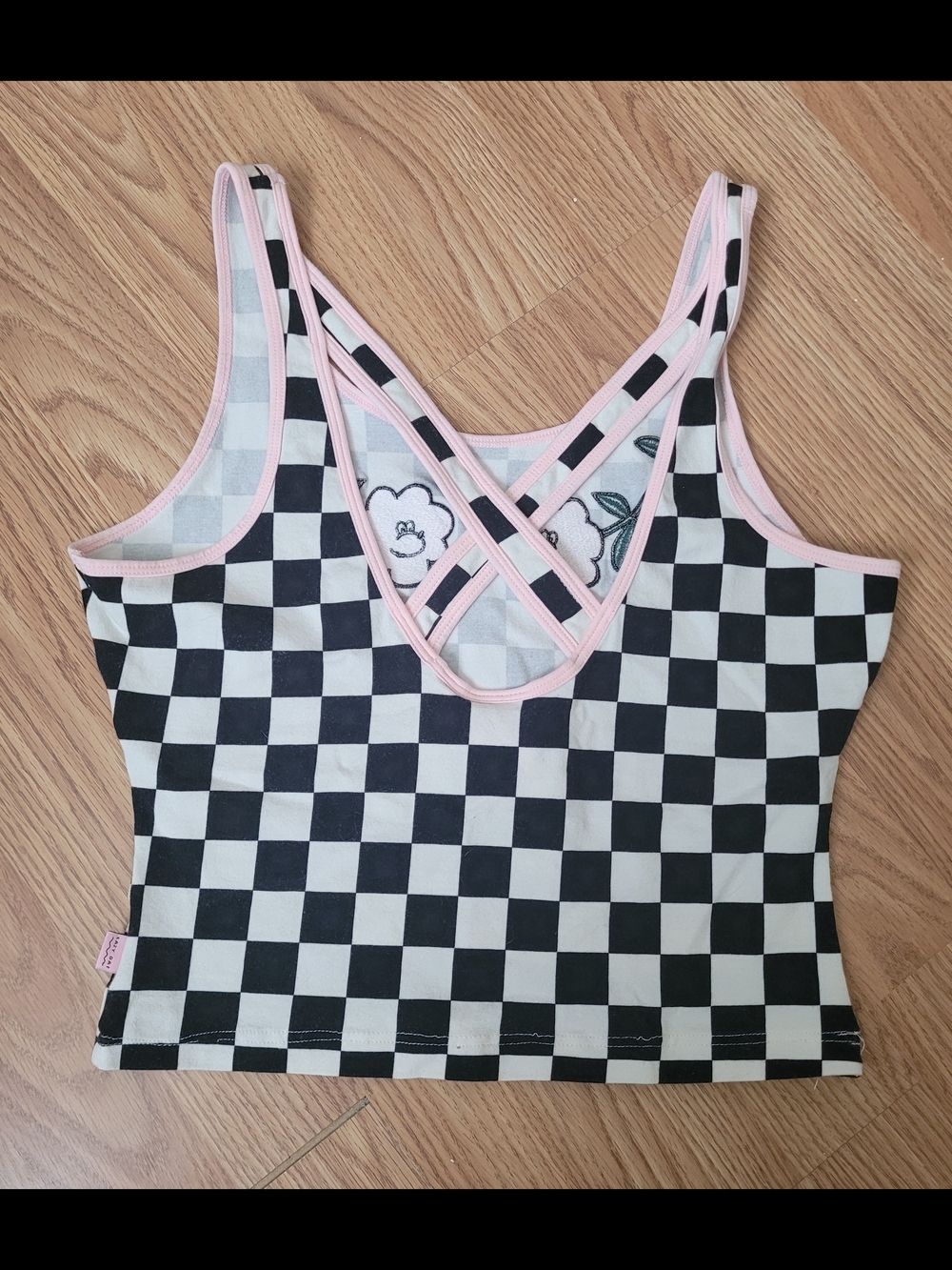Checkerboard Crop Tank with Pink Floral Trim - Picture 6 of 6